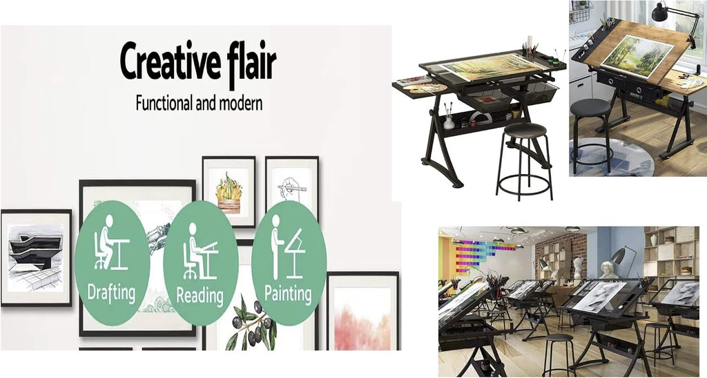 Glass Drafting Table Art Desk â Adjustable Professhional Artwork Drawing Drafting Table Desk, Glass-Topped Art Table for Craft Station Studio Home Office School w/Drawers (Black)