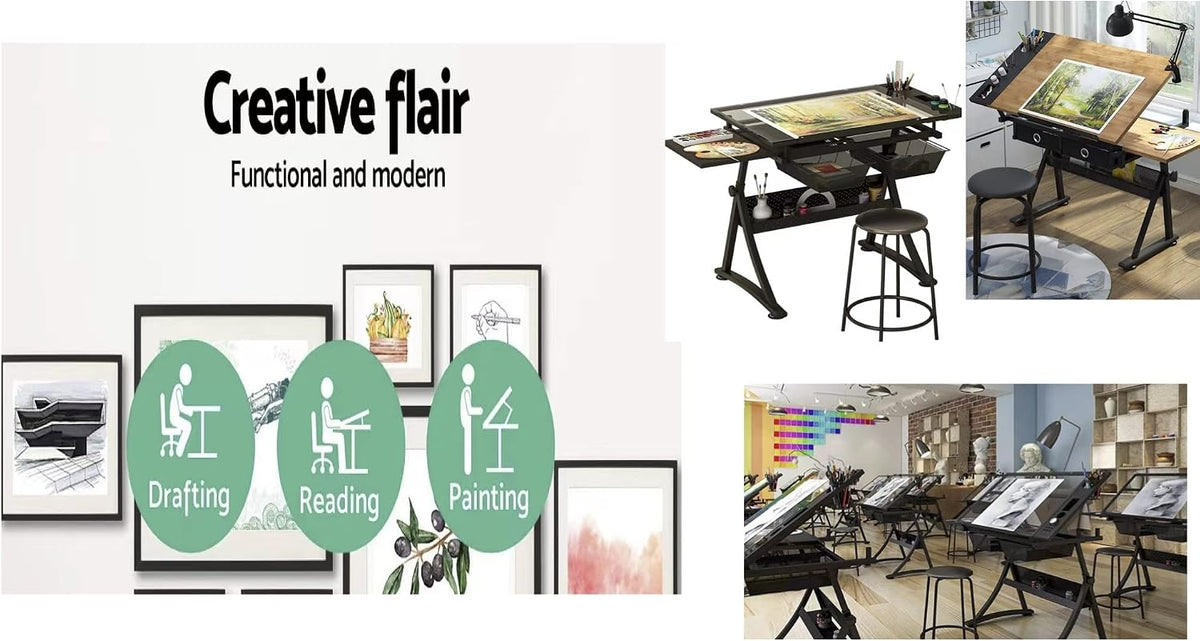 Glass Drafting Table Art Desk â Adjustable Professhional Artwork Drawing Drafting Table Desk, Glass-Topped Art Table for Craft Station Studio Home Office School w/Drawers (Black)