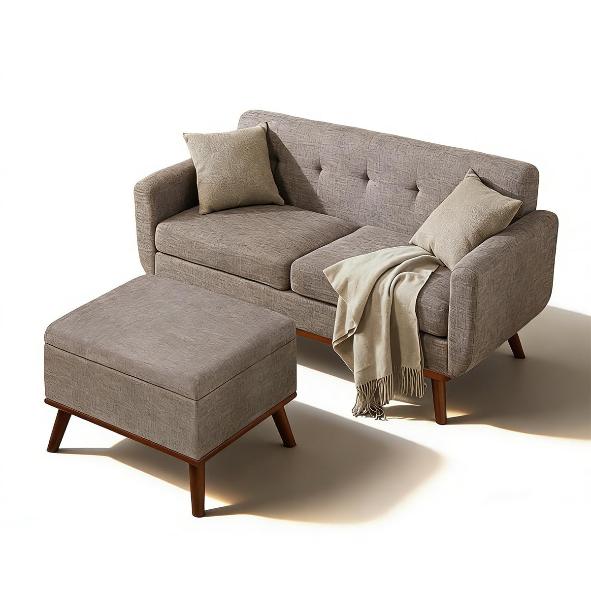 Kingfun 2 Piece Loveseat and Sofa Sets, Mid Century Modern Love Seat Couches for Living Room, Button Tufted Upholstered Furniture, Small Couch for Bedroom, Office, Beige