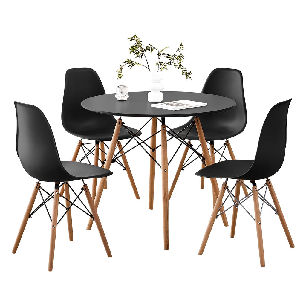 5-Piece Round Dining Set, 35.5" Black Table & Light Gray Chair