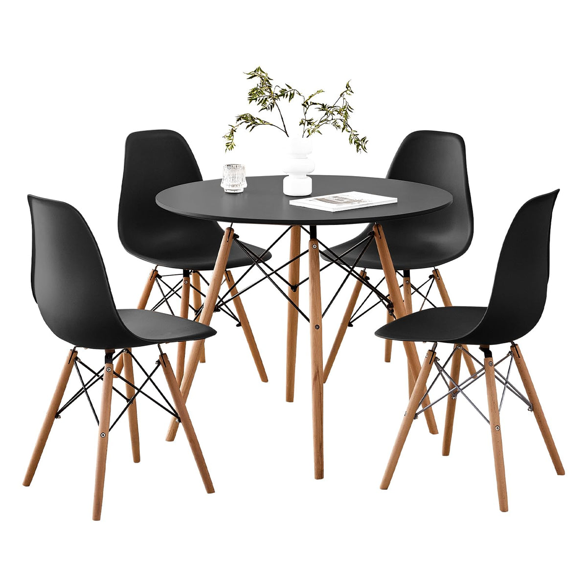 5-Piece Round Dining Set, 35.5" Black Table & Light Gray Chair