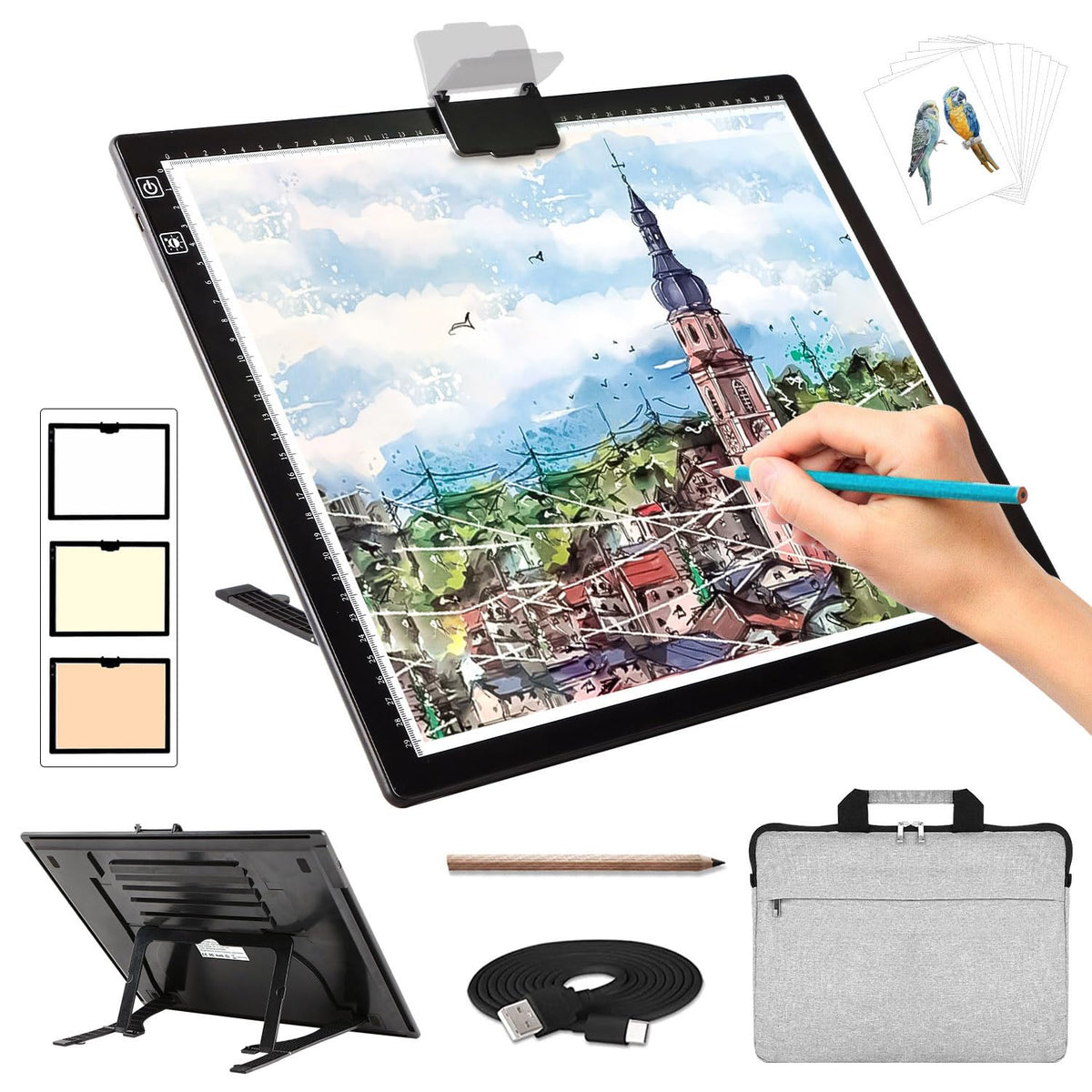 Zocelight A1(35.4''x 23.6'') Large Rechargeable Light Pad for Diamond Painting,6 Levels & Stepless Dimming Light Box for Tracing,3-Color Modes Light Board,Built-in 6000mAh Battery Light Table for Art