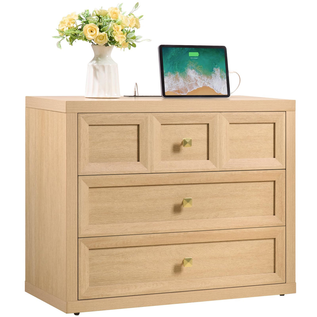 3 Drawers Nightstand Set of 2 W/Charging Station, 30.7" W King Size Bedside Table with 3 Drawers, Accent End Table W/Large Storage, Modern Wood Side Table for Bedroom,Office (2 Pieces, Gray Black)