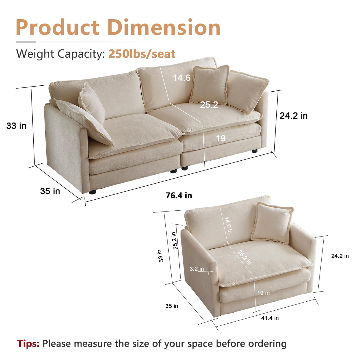 mikibama Luxury 2 Piece Loveseat Couch & Sofa Armchair Set, Modern Upholstered Chenille Cloud Couches Set Furniture with 5 Pillow for Living Room Bedroom Office Apartment, Evergreen