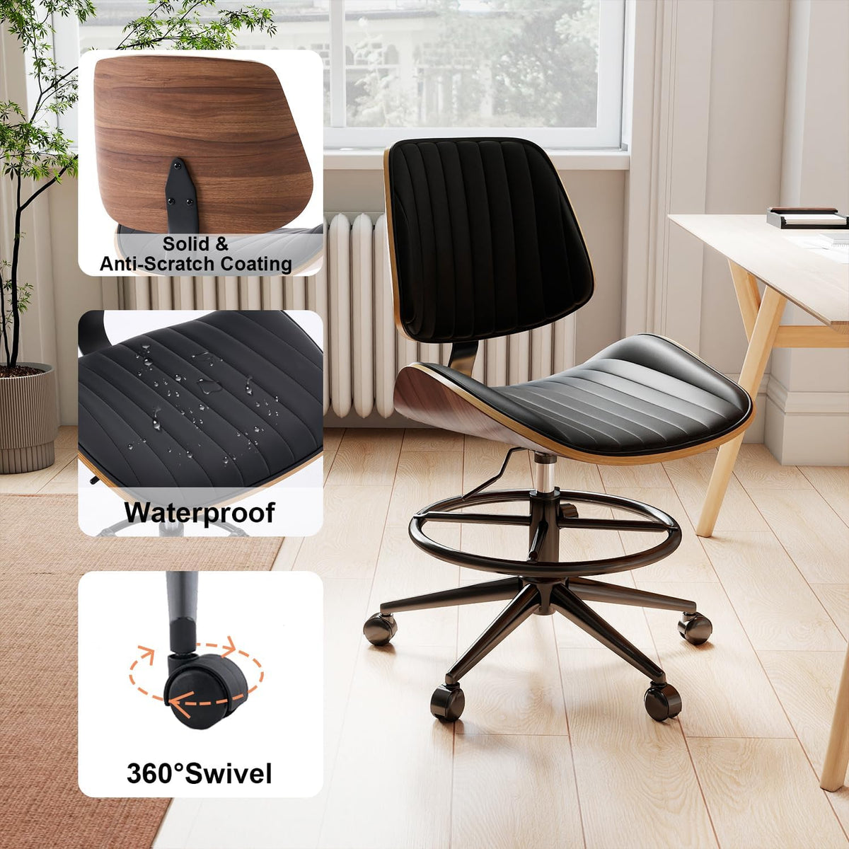 Drafting Chair, Ergonomic Office Chair with Walnut Wood Back Support, Armless PU Leather Desk Chair with Height-Adjustable, Thick Cushion for Home Office, Drafting, Art Studio (Black)