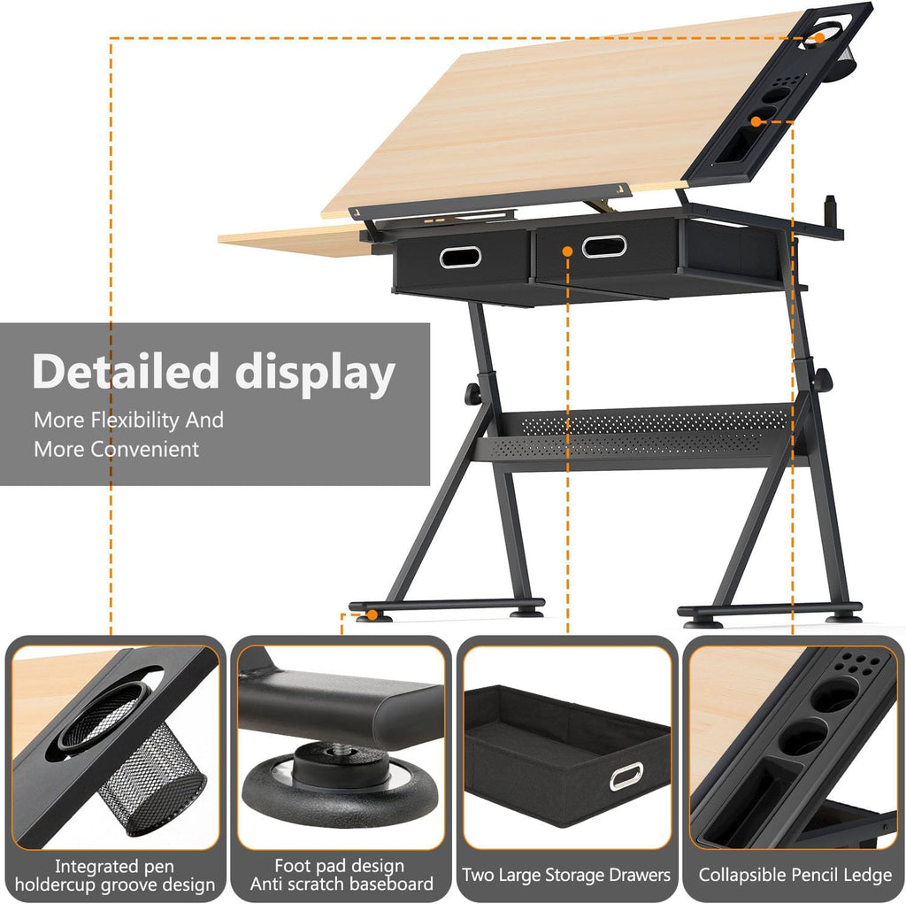 OS MOTOR Adjustable Height Drafting Table with Wood Top, Art Craft Desk with Slide-Out Drawers, Storage, for Drawing, Writing, Painting, and Creative Tasks, Ideal for Home Office, Natural