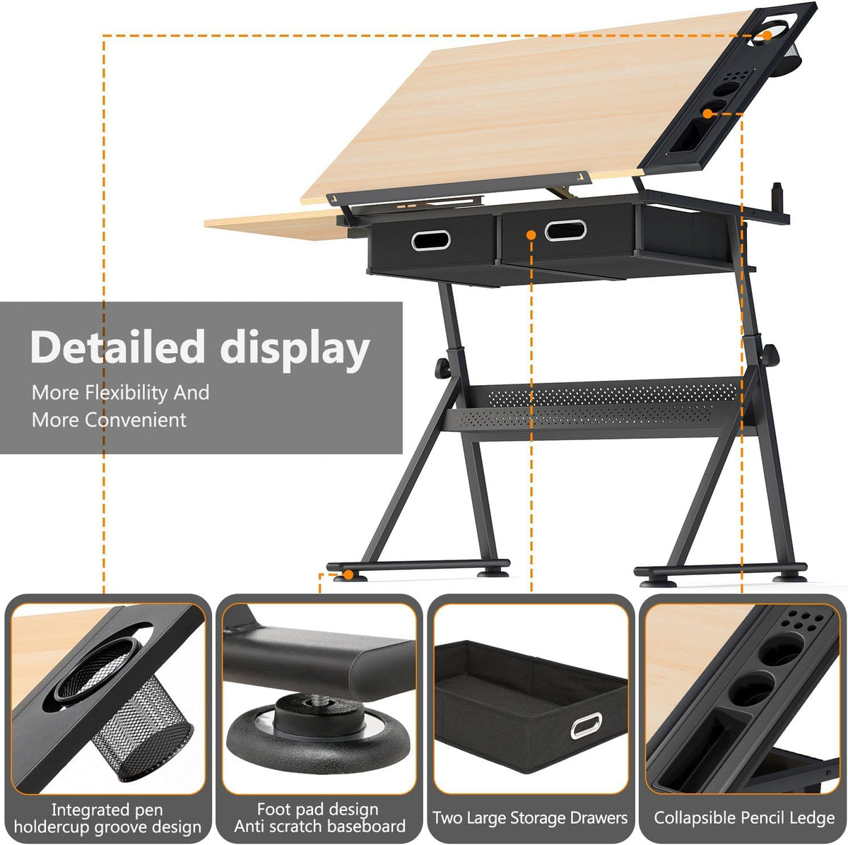 OS MOTOR Adjustable Height Drafting Table with Wood Top, Art Craft Desk with Slide-Out Drawers, Storage, for Drawing, Writing, Painting, and Creative Tasks, Ideal for Home Office, Natural
