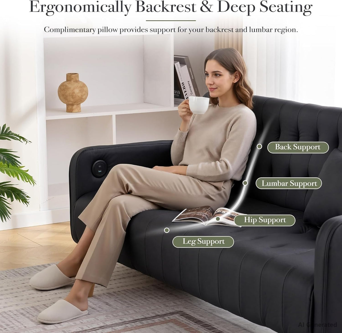 57â Small Faux Leather Loveseat Couch and Accent Chair Set of 2 (3, Black)