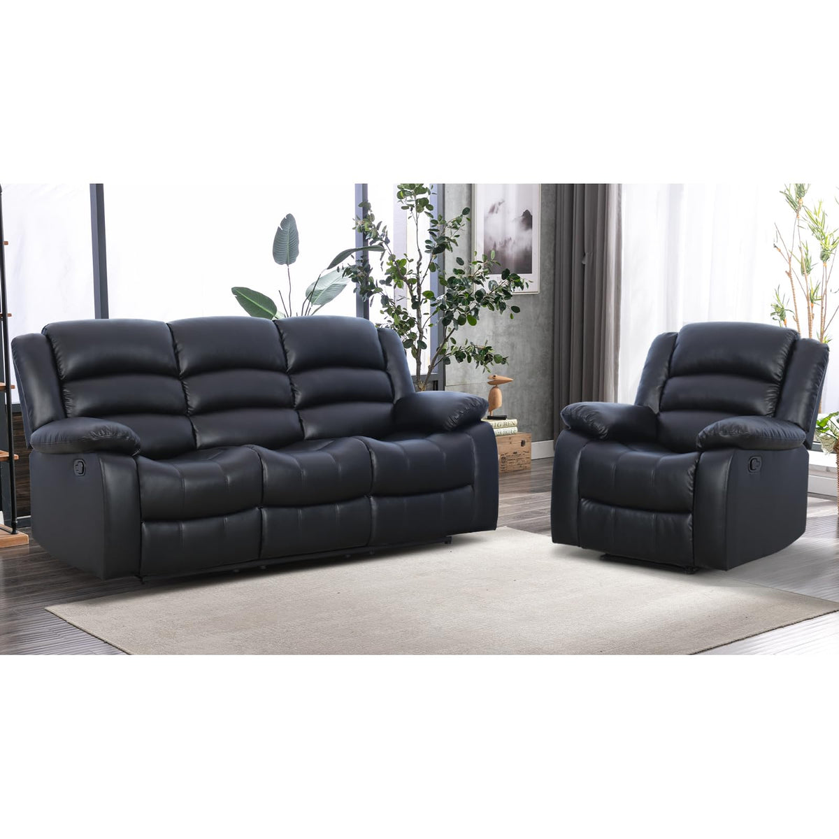 EBELLO Manual Faux Leather Reclining Couch Set for Living Room, Include 1 Recliner Chair, 1 Loveseat Sofa, Recliner Sofa Furniture Set for Home and Office, Black