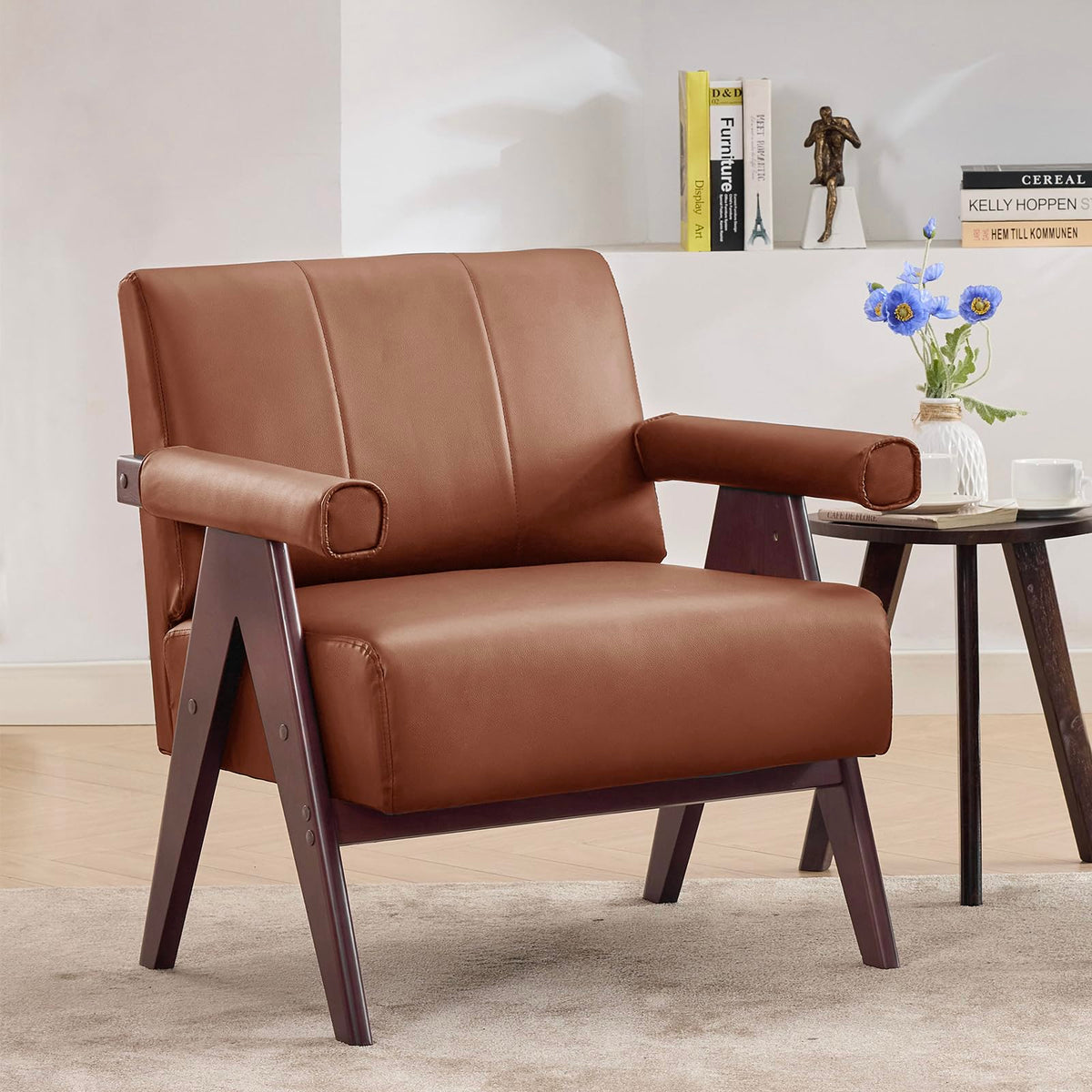 STHOUYN Faux Leather Accent Chairs Set of 2, Wooden Arm Chairs (Black)