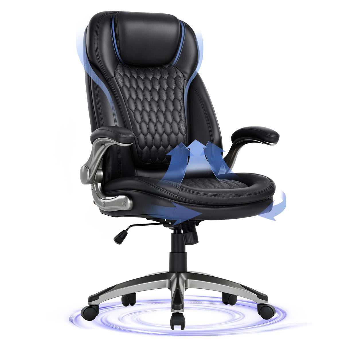 COLAMY High Back Executive Office Chairs, Ergonomic PU Leather Desk Chairs with Flip-Up Armrests, Adjustable Height, Lumbar Support, Comfortable Computer Chairs for Home Office, Set of 2