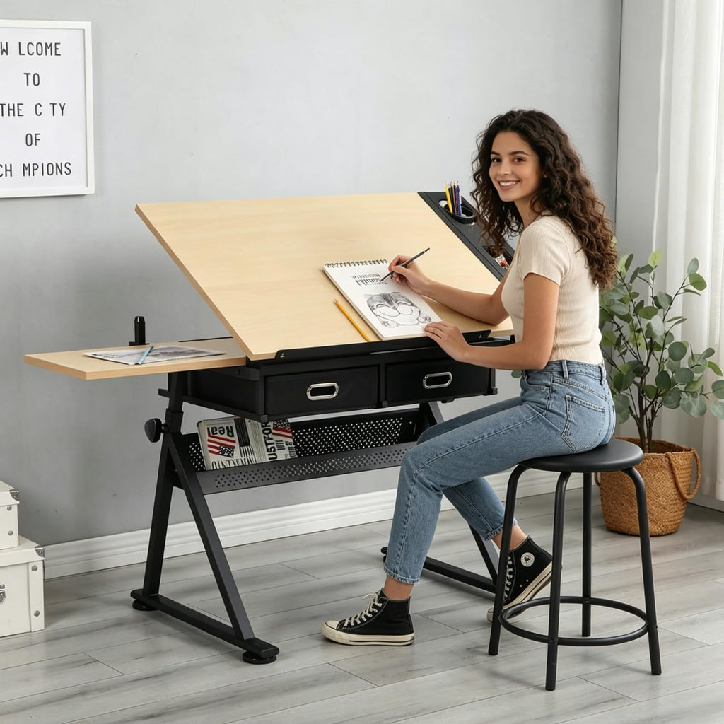 Drafting Table, Height Adjustable Art Table with Stool,T1-All White