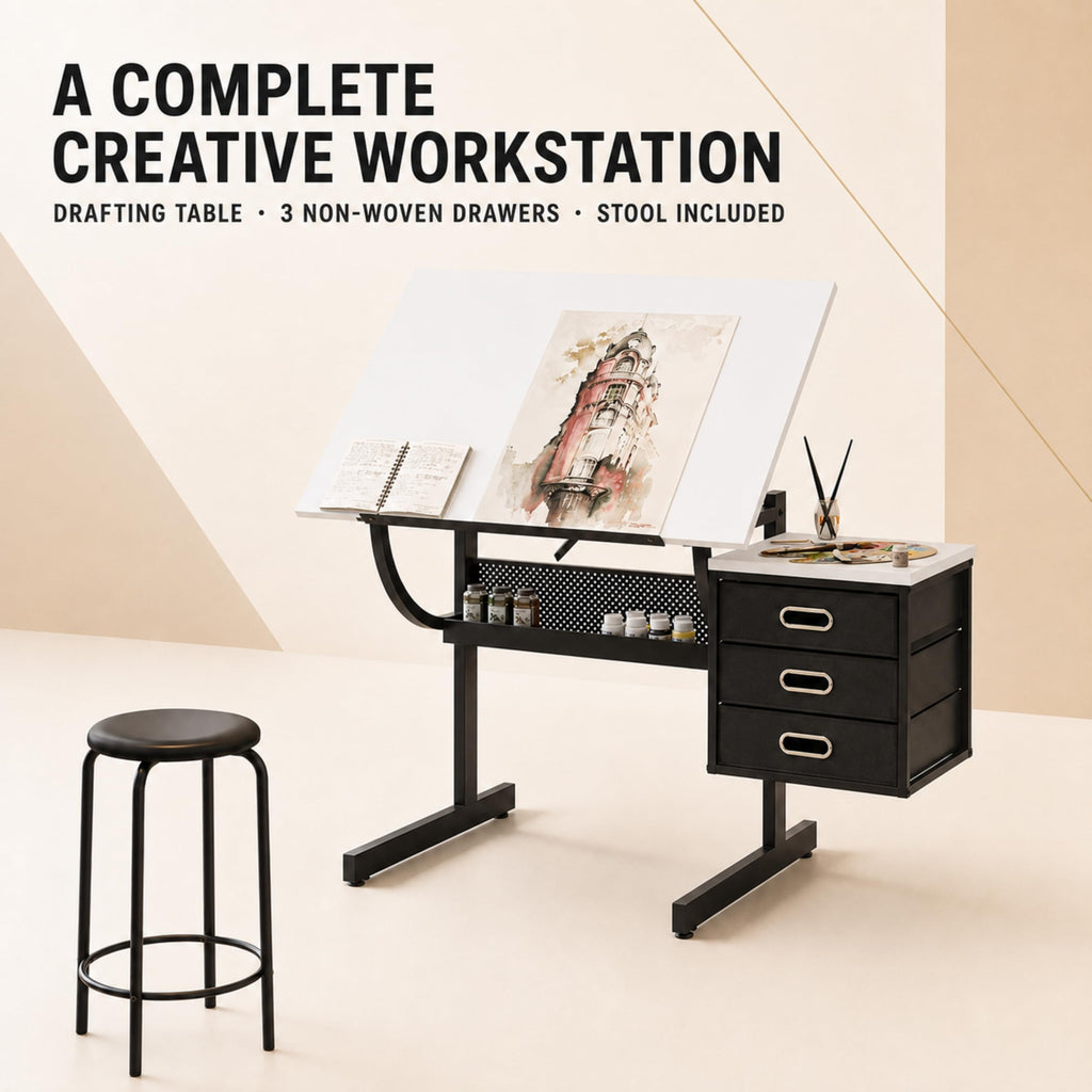 Artist Desks, Drafting Table with Stool & 3 Storage Drawersï¼Black