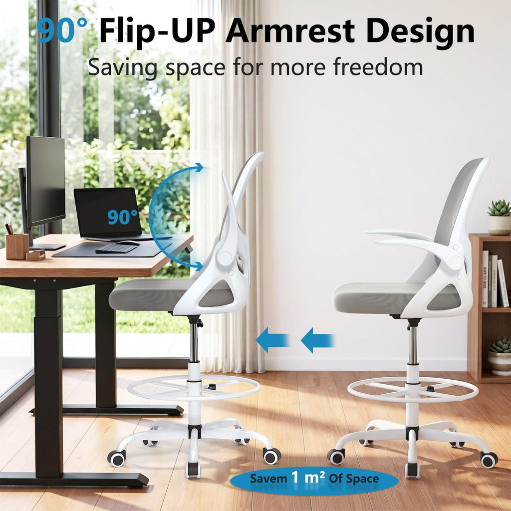 Kensaker Drafting Chair Tall Office Chair, Ergonomic Standing Desk Chair with Adjustable Foot Ring and Flip-up Armrests, Mesh Computer Chair for Art Studio, 300 LBS, Black