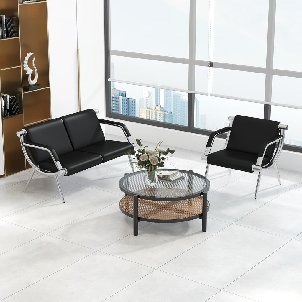 Kinfant Waiting Room Chair- Office Reception Furniture with Armrest and PU Leather Cushion, Office Guest Chair for Waiting Room Airport Hospital Bank Lobby, Black (1 Seat*2+2 Seat)