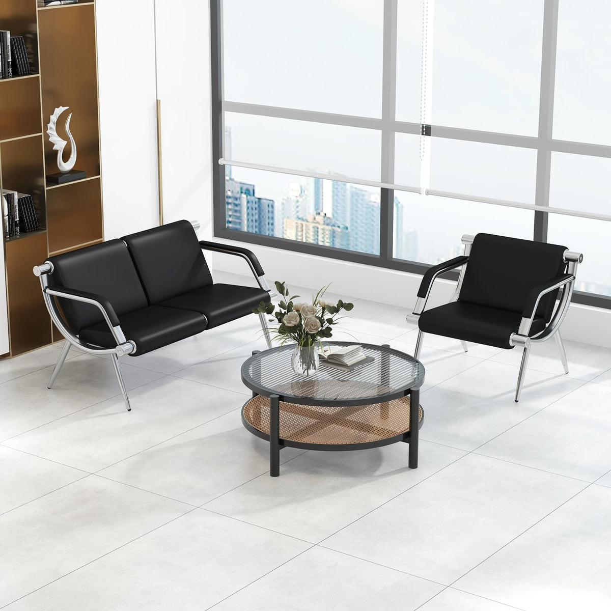 Kinfant Waiting Room Chair- Office Reception Furniture with Armrest and PU Leather Cushion, Office Guest Chair for Waiting Room Airport Hospital Bank Lobby, Black (1 Seat*2+2 Seat)