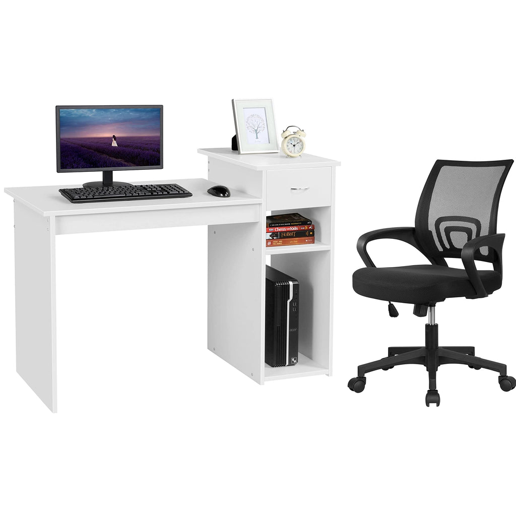 Yaheetech Black Computer Desk and Chair Set with Drawer, Shelves, Mesh Seat