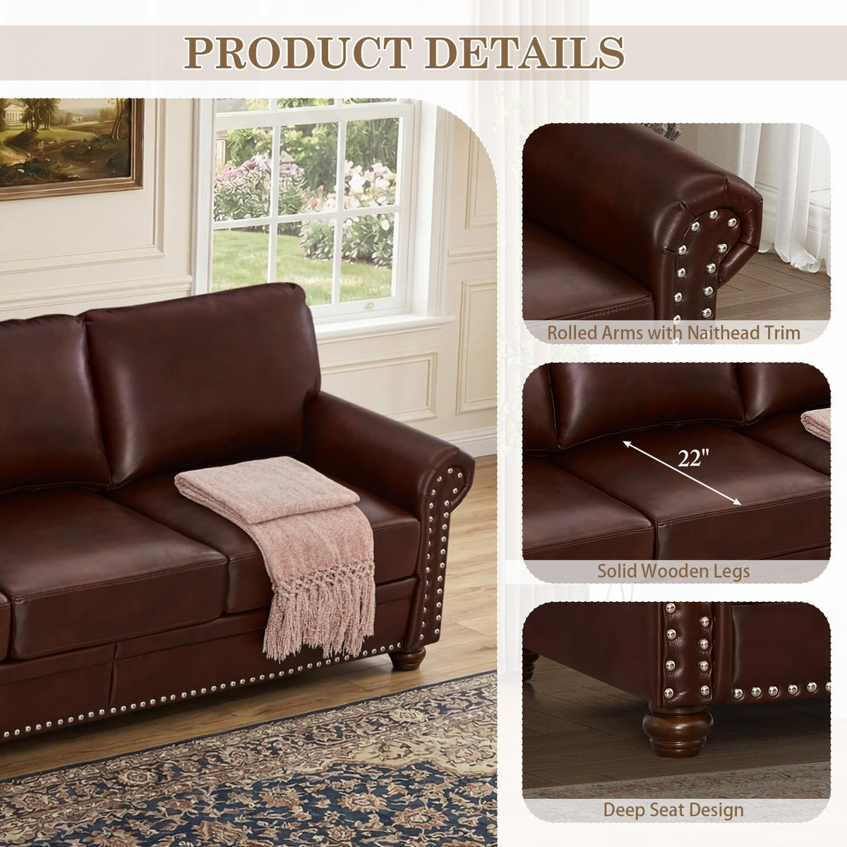 2 Piece Couch Sets for Living Room,Mid Century Modern Couch with Storage Nailhead Trim & Rolled Armrests,Deep Seat Comfy Couch,Furniture Set for Living Room,Bedroom,Office(Navy Blue,Loveseat+3 Seater)