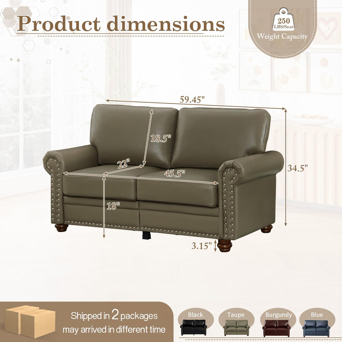 2 Piece Couch Sets for Living Room,Mid Century Modern Couch with Storage Nailhead Trim & Rolled Armrests,Deep Seat Comfy Couch,Furniture Set for Living Room,Bedroom,Office(Navy Blue,Loveseat+3 Seater)