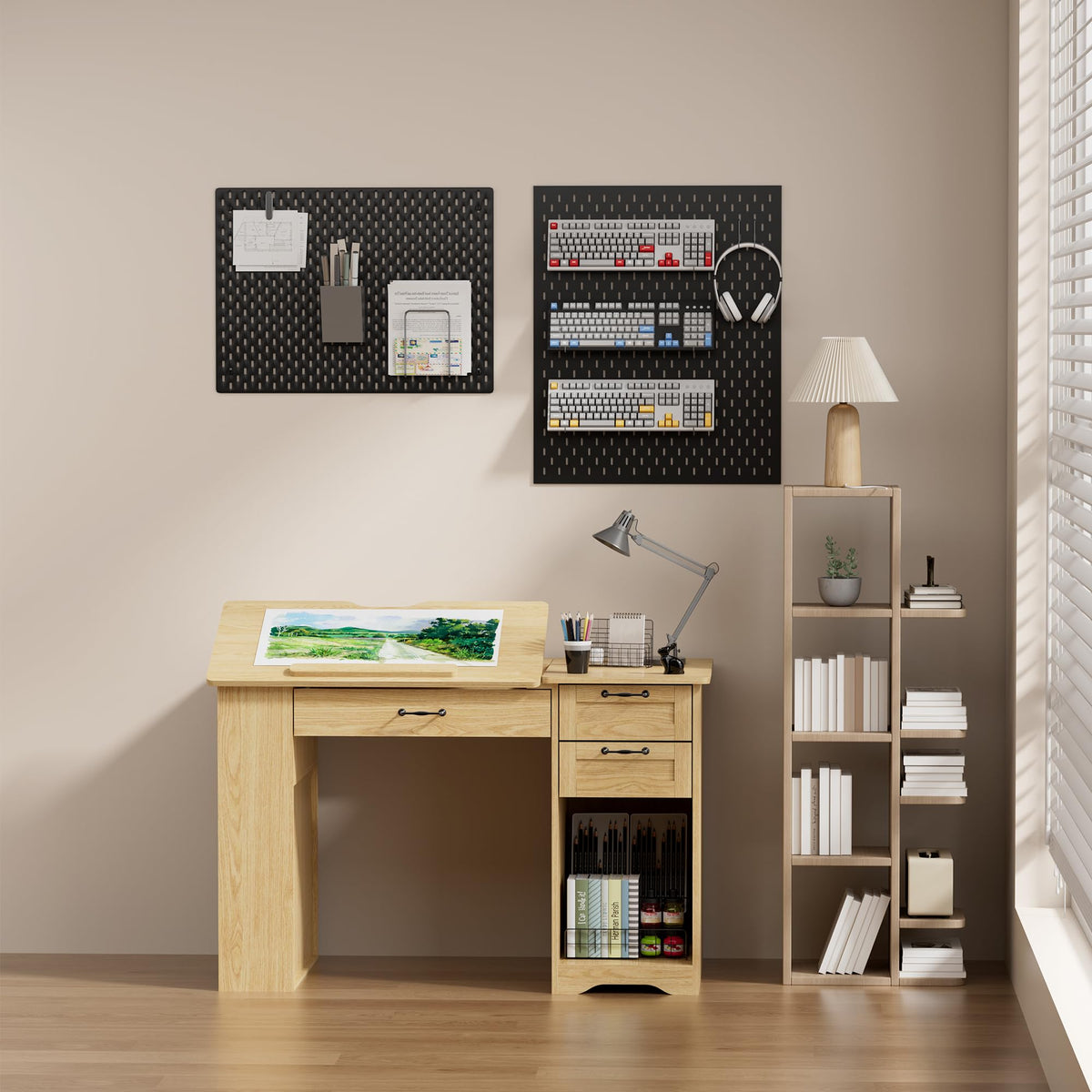Drafting Table with Storage Cabinet & Drawers, Adjustable Drawing Desk with Open Shelves, Craft Table Painting Desk for Artists, Painters, Drawing, Crafting, Reading, Writing, Working