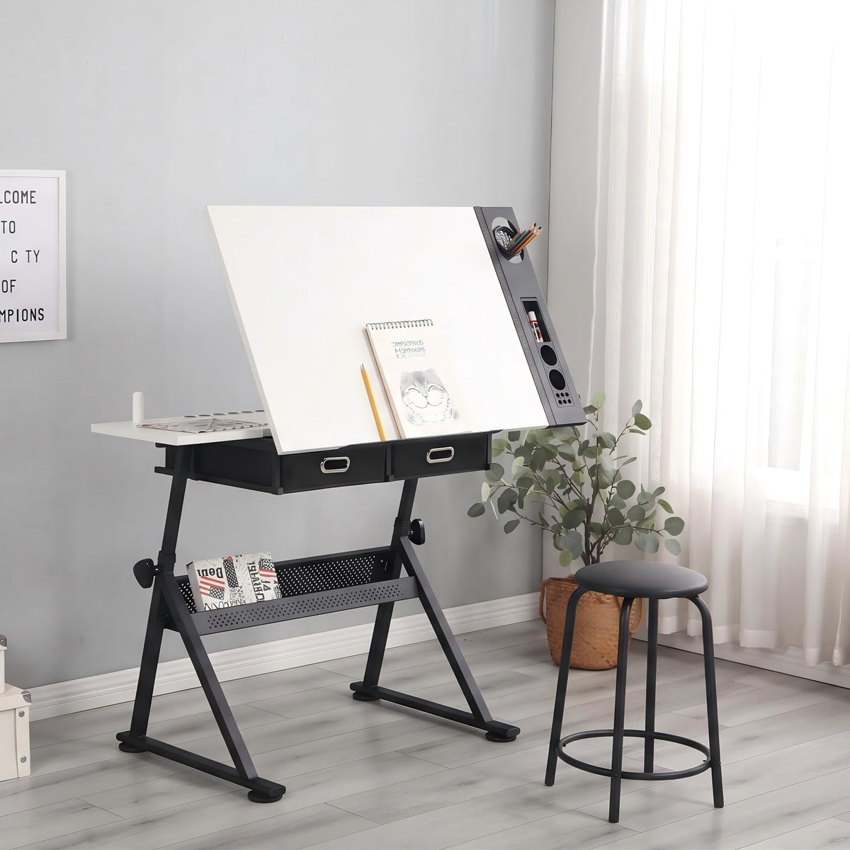 Adjustable Drawing Table with 3 Drawers & Stool, for Art & Work