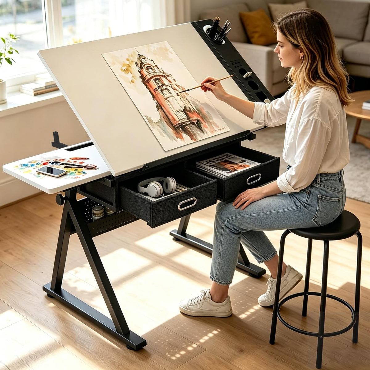 Height Adjustable Tilt Drafting Table with 2 Storage Drawers & Stool Brown