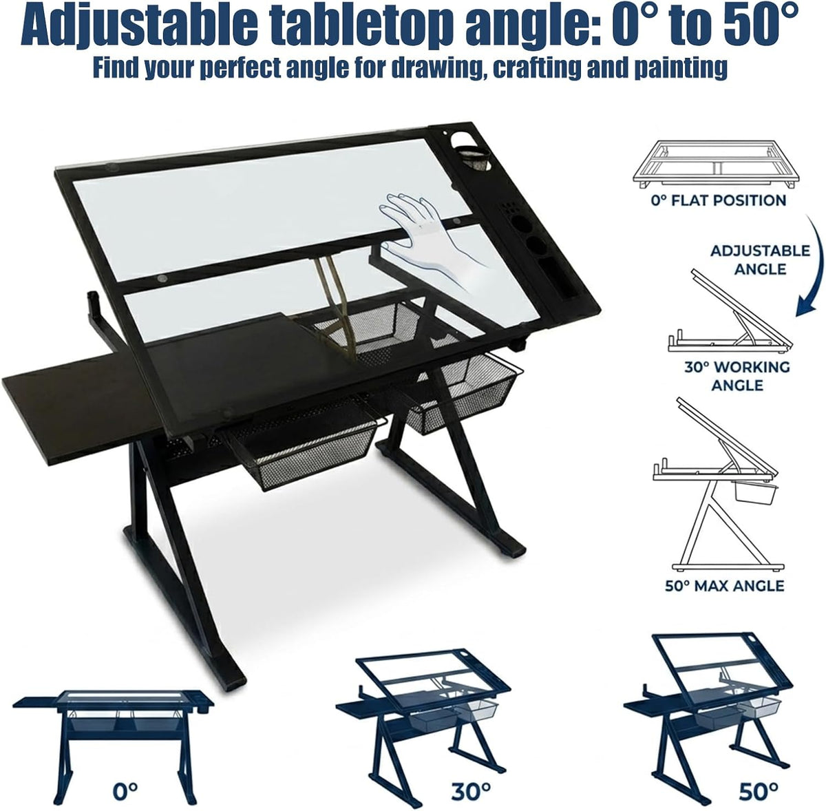 Adjustable Drafting Table, Tiltable Art Drawing Desk with 2 Storage Drawers & Stool, Multi-Functional Art Workstation for Artist Painting Craft Reading Writing (Black-B)