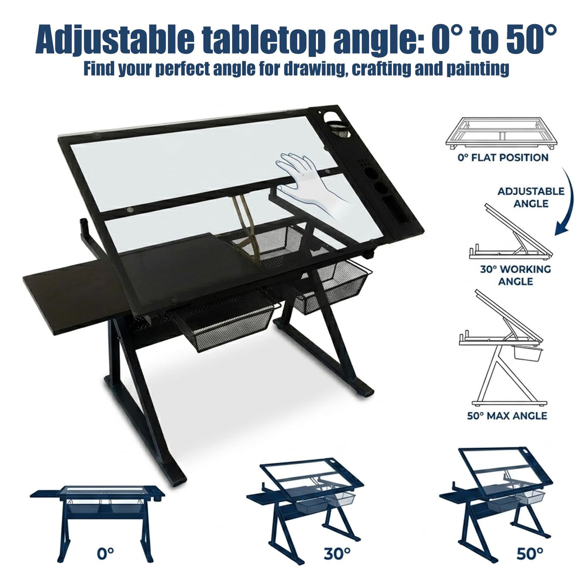 Adjustable Drafting Table, Tiltable Art Drawing Desk with 2 Storage Drawers & Stool, Multi-Functional Art Workstation for Artist Painting Craft Reading Writing (Black-B)