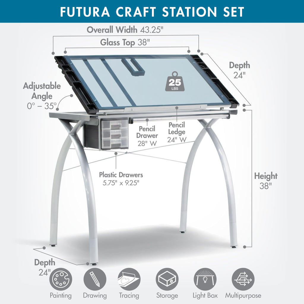 SD Studio Designs 10096 Futura Station with Folding Shelf Top Adjustable Drafting Craft Drawing Hobby Table Writing Studio Desk with Drawer, 35.5'' W x 23.75'' D, White/Clear Glass