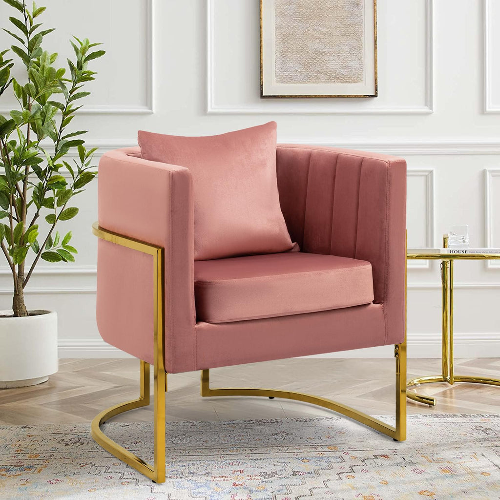 Velvet Accent Barrel Chairs Set of 2, Modern Arm Club Chair Set with Pillow for Living Room/Bedroom/Guest Reception, Channel Tufted, Gold Finish Base, Orange