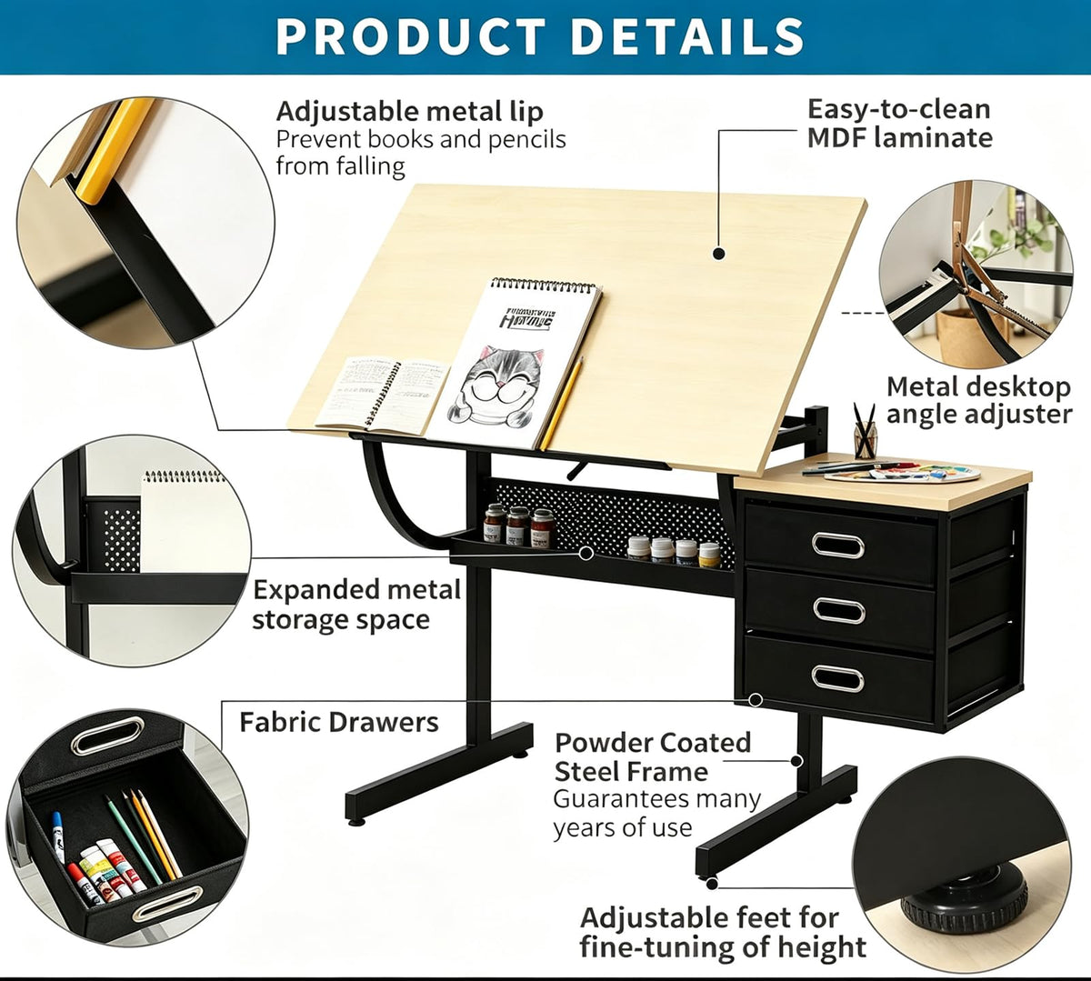 Drafting Table, Height Adjustable Art Table with Stool,T1-All White