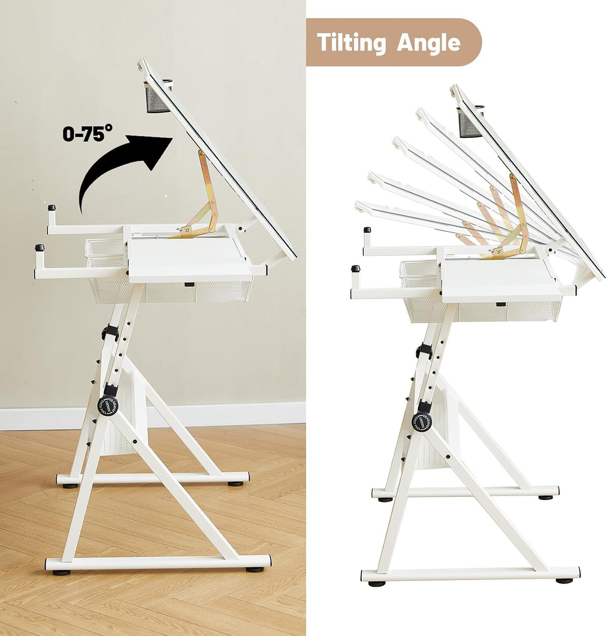 White Drafting Table with Stool Height Adjustable Art Craft Desk with Storage, Tilting Tempered Glass Tabletop, Expansion Board, Drawing Table for Home Office, Artists, Painters