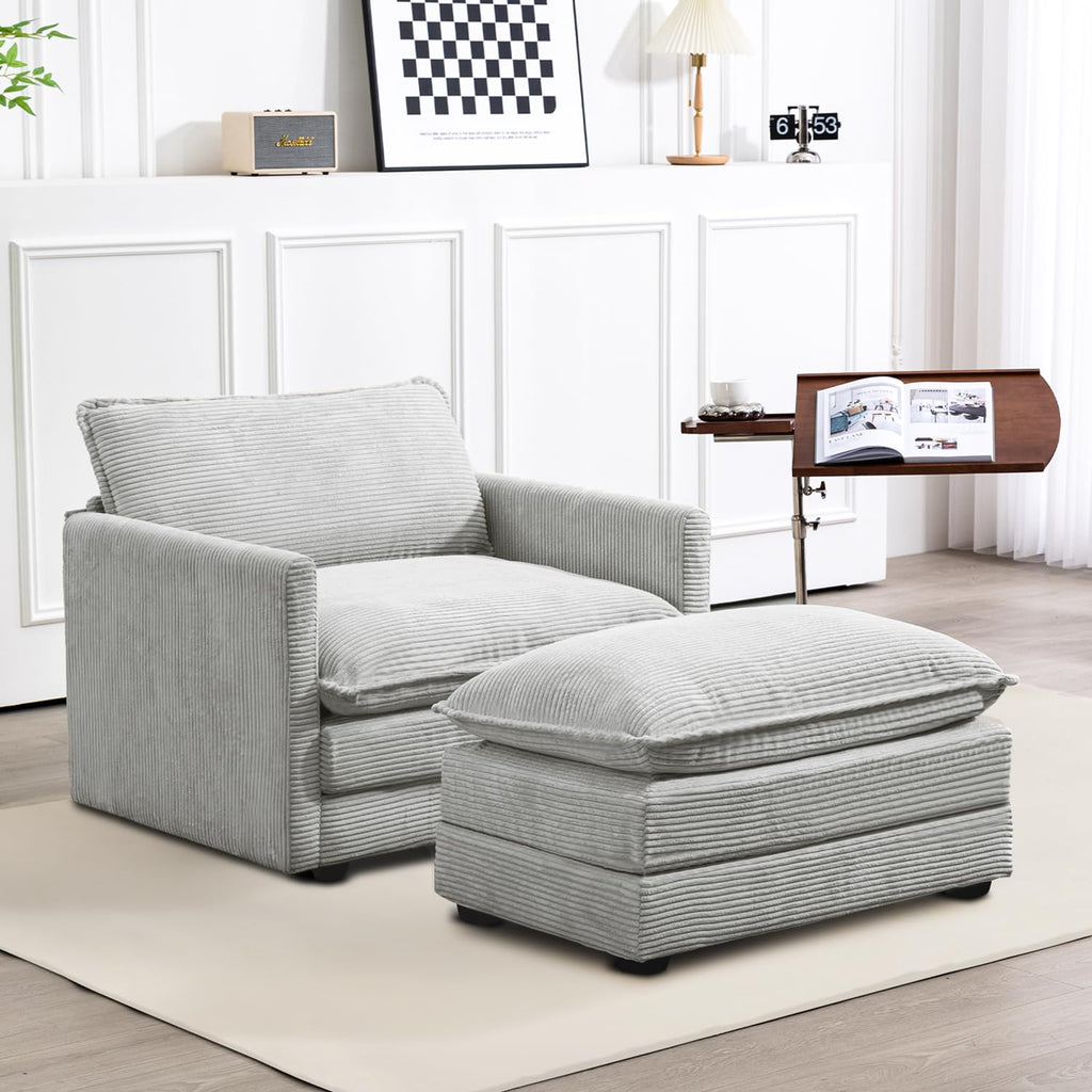 ROWHY 41'' Single Armchair with Ottoman, Modern Corduroy Cloud Couch with Convertible Chaise, Upholstered Sofa Set for Living Room, Green