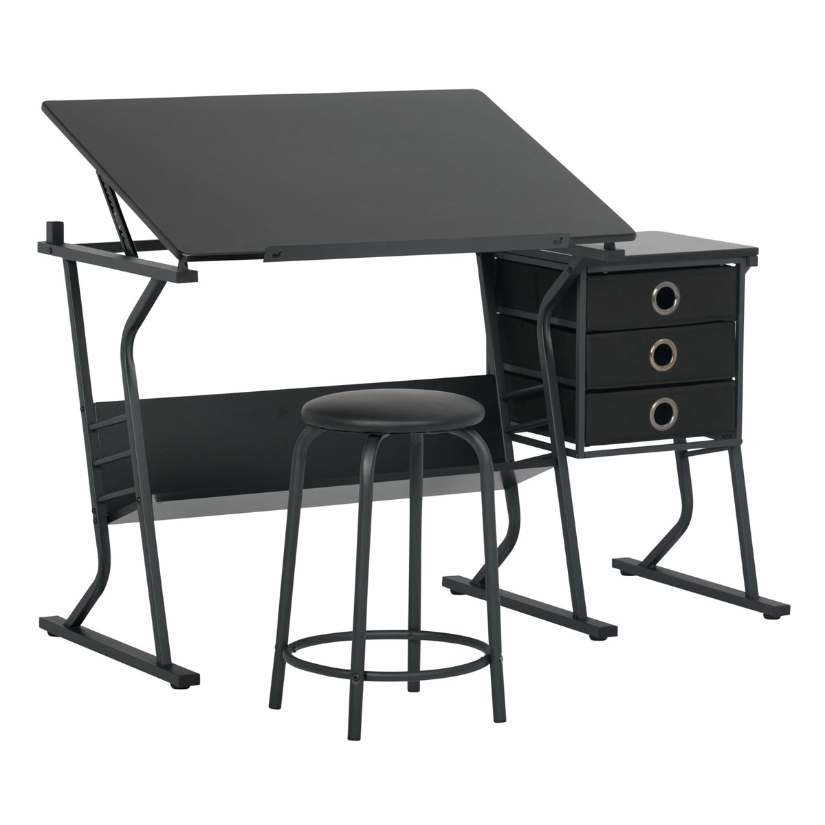 2 Piece Eclipse Ultra Center/Drawing Table with Stool, Angle Adjustable Top, Storage Shelves, and Drawers