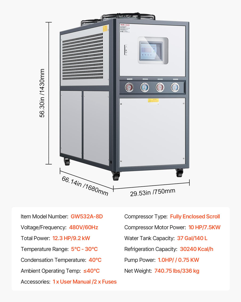 VEVOR Air Cooled Water Chiller, 5 Ton Portable, 5HP/3.75KW Compressor Motor, 53L Capacity Stainless Steel Water Tank, Finned Condenser with Micro-Computer Control, Industrial Chiller for Cooling Water