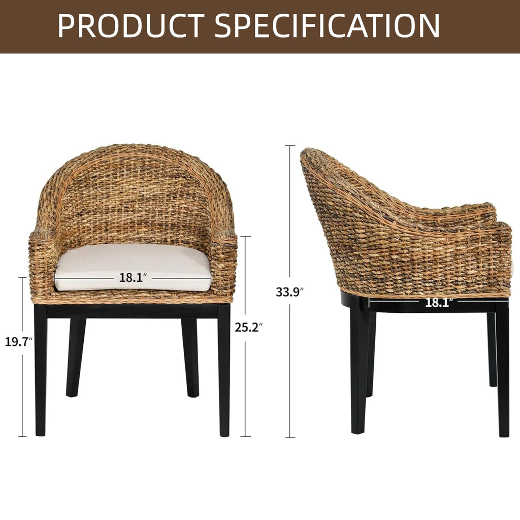 DUHOME 2 Sets Wood Rattan Arm Accent Chairs Natural Wash/White Cushion