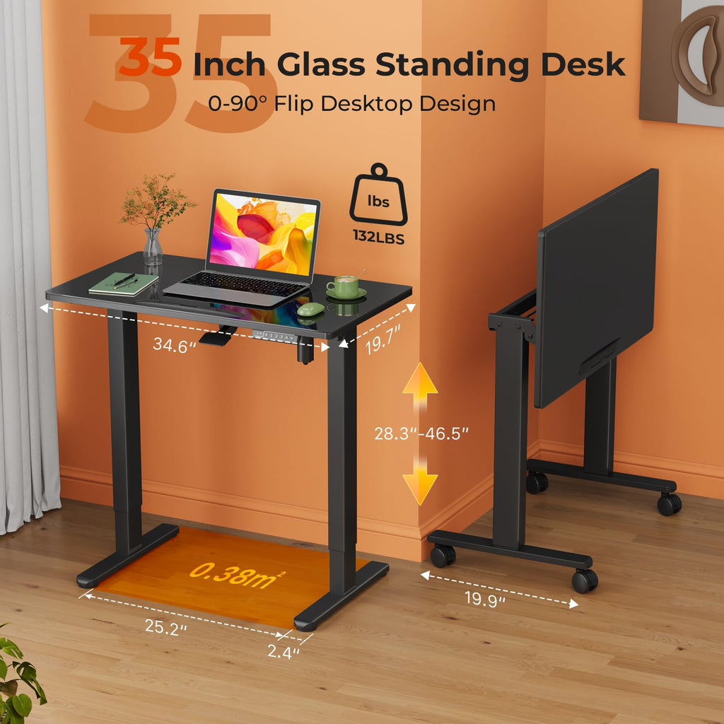 35" Glass Standing Desk, 90Â° Tilt Height Adjustable Drafting Table