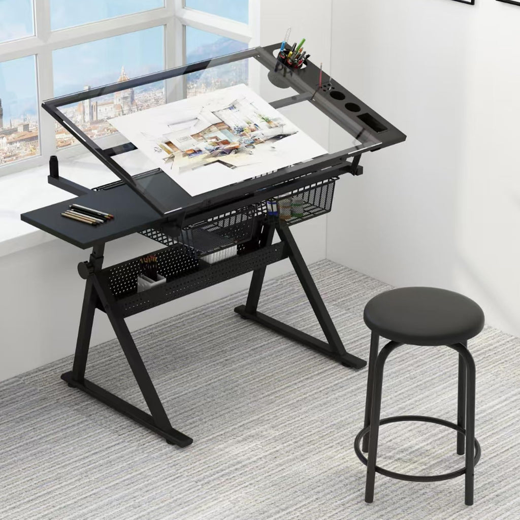 Drafting Table and Stool Set for Adults/Artists, Drawing Table with Adjustable Tabletop and Height, Art Workstation for Painters Crafting Reading Writing Home Office, All White