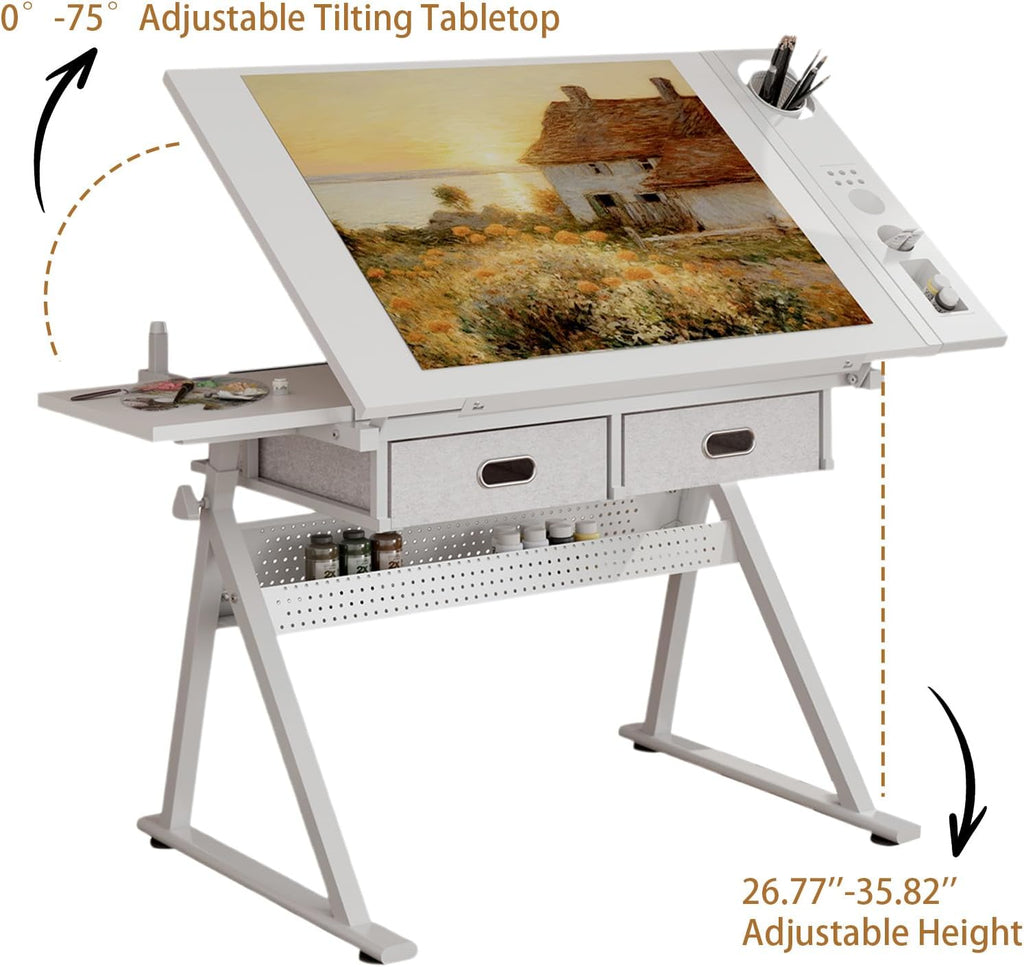 Drafting Table and Stool Set for Adults/Artists, Drawing Table with Adjustable Tabletop and Height, Art Workstation for Painters Crafting Reading Writing Home Office, All White