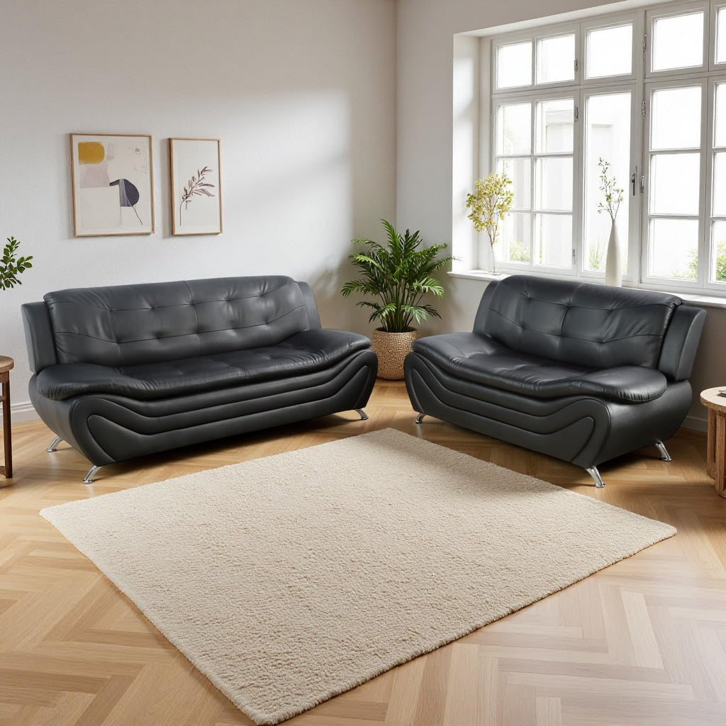 Leather Sectional Sofa Couches, Living Room Sofa and Loveseat Set, Faux Leather Couch and Loveseat Set for Office/Bedroom/Apartment, Cream