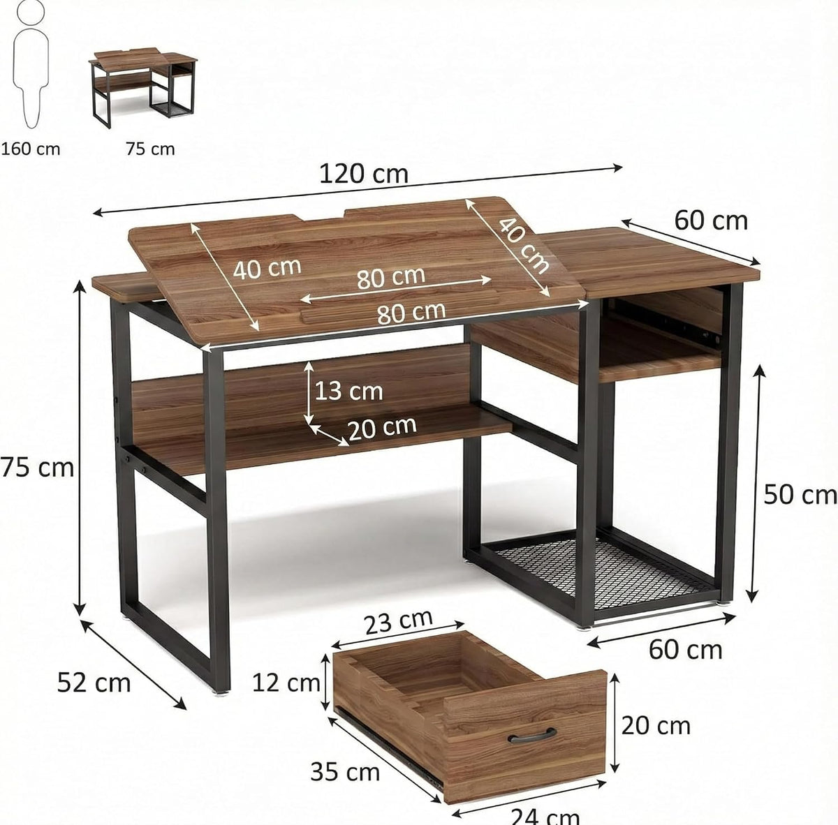 Lailang 47 Inch Computer Desk, Rectangular Office Desk, Drafting Table with Storage, Wood PC Desk, Art Desk for Adults, Small Writing Desk, 47 x 24 x 30 Inch, Walnut Black