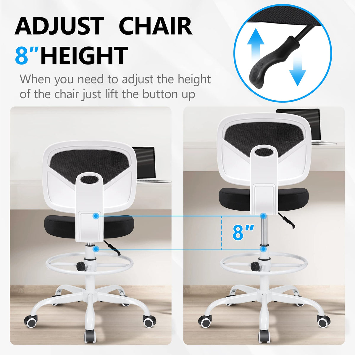 Primy Tall Drafting Desk Chair - Armless, Adjustable Height, Mesh Back, Rolling, Standing Desk Chair for Art Room, Office or Home (Black)