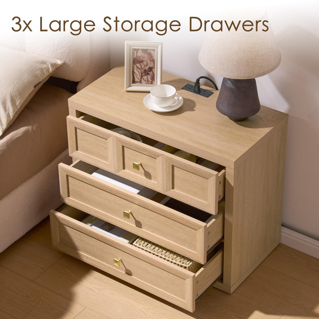 3 Drawers Nightstand Set of 2 W/Charging Station, 30.7" W King Size Bedside Table with 3 Drawers, Accent End Table W/Large Storage, Modern Wood Side Table for Bedroom,Office (2 Pieces, Gray Black)
