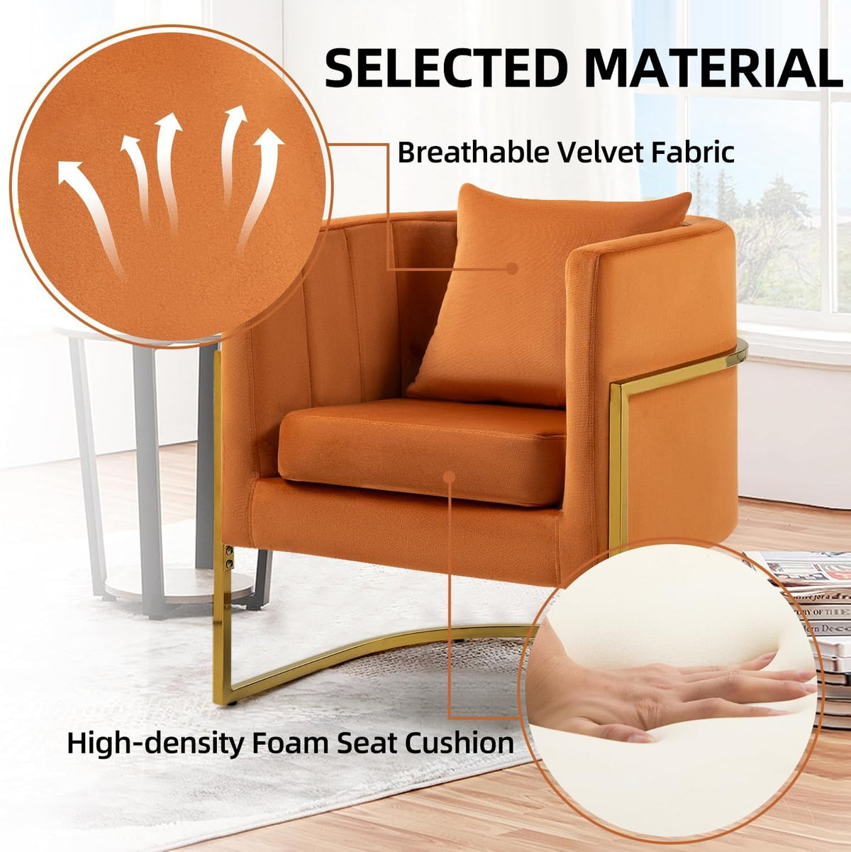 Velvet Accent Barrel Chairs Set of 2, Modern Arm Club Chair Set with Pillow for Living Room/Bedroom/Guest Reception, Channel Tufted, Gold Finish Base, Orange