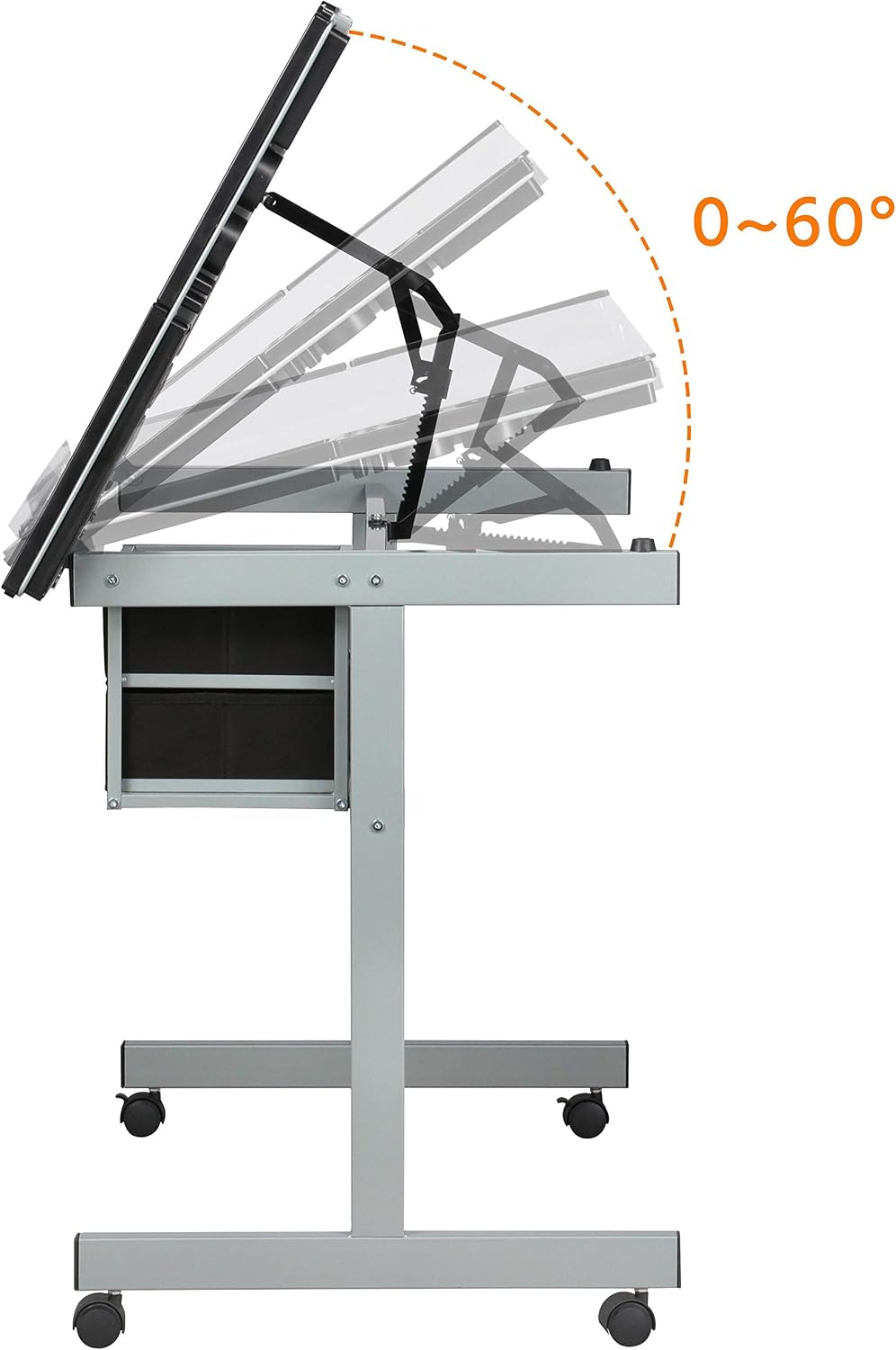 Topeakmart Glass Drafting Table Rolling Drawing Desk w/2 Slide Drawers