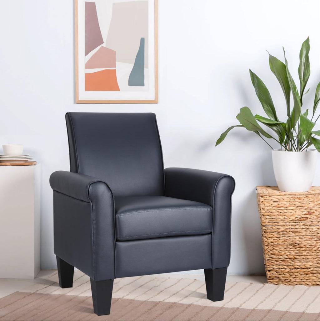 Faux Leather Accent Chair Set of 2, Mid Century Modern Living Room Chair, Upholstered Comfortable PU Leather Armchair for Bedroom, Office or Waiting Areas-Black