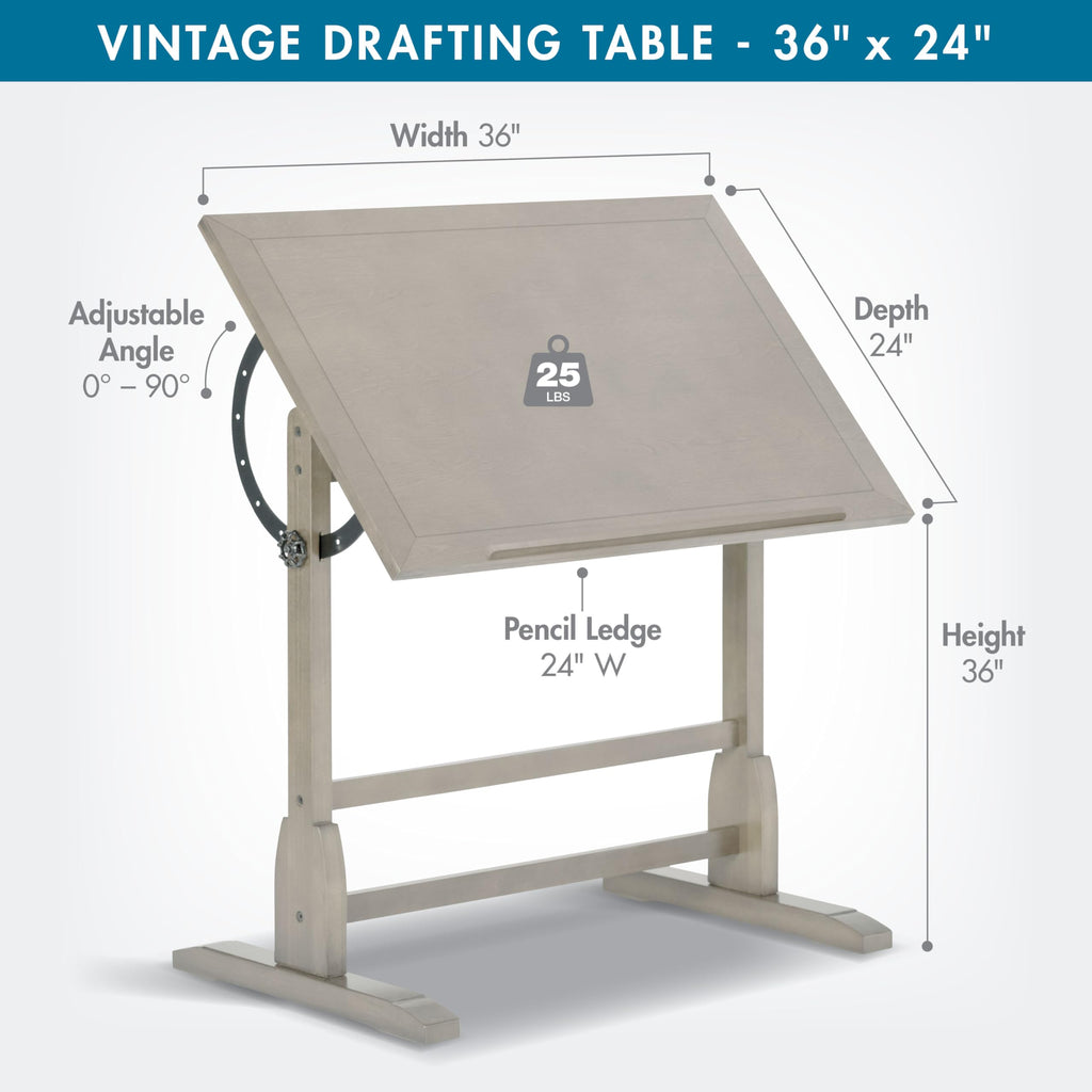Studio Designs Vintage Drafting Table - Antique Design Solid Wood Drafting Table with Built-In Pencil Groove and Pencil Ledge - Angle Adjustable Work Surface