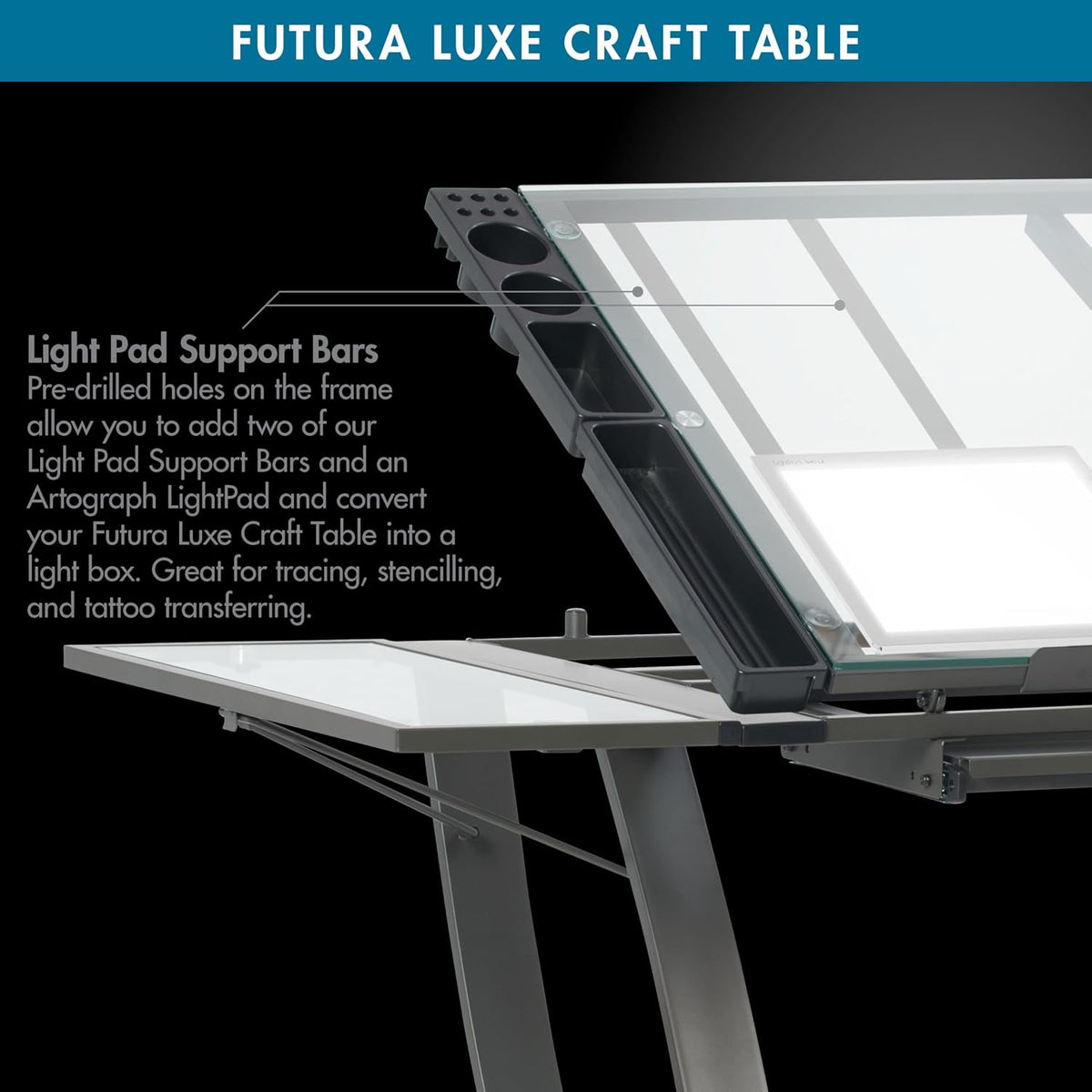 SD STUDIO DESIGNS Futura Luxe Drawing, Drafting, Craft Table with Drawer, 35" Wide Angle Adjustable Top and Side Shelf, Pewter Grey/Clear Glass