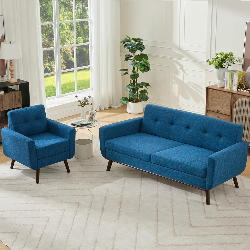 Kingfun 2 Piece Loveseat and Sofa Sets, Mid Century Modern Love Seat Couches for Living Room, Button Tufted Upholstered Furniture, Small Couch for Bedroom, Office, Beige
