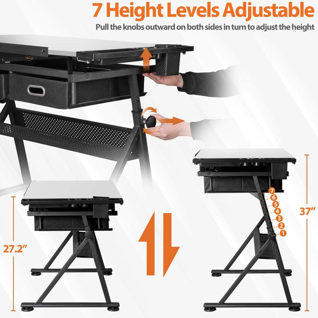 SUPER DEAL Drafting Table Set with Charging Station, Height Adjustable Tilting Drawing Desk Artist Desk with Stool Multifunctional Art Craft Workstation with 2 Storage Drawers for Home Office School